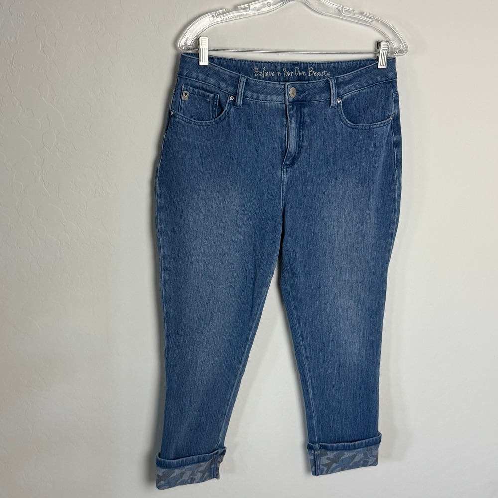 Belle by Kim Gravel Flexibelle Cuffed Cropped Jeans Sz 10 Blue Zip Womens